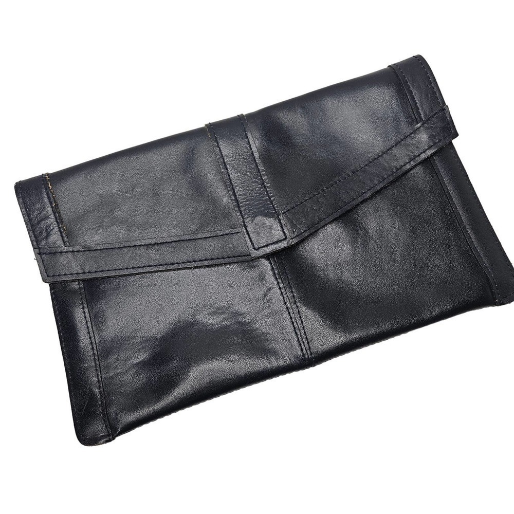 Leather Flat Top Clutch Purse Navy Blue Snap Close